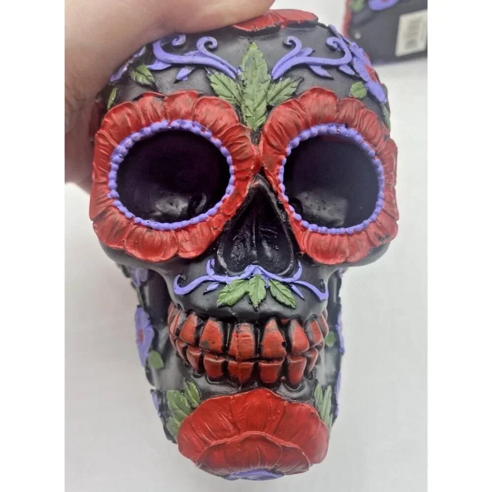 Lot of 3 Pacific Trading Sugar Skull Figurines Day of the Dead Black Floral DOD